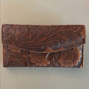 Brown Tooled Leather Wallet with Intricate Floral Design